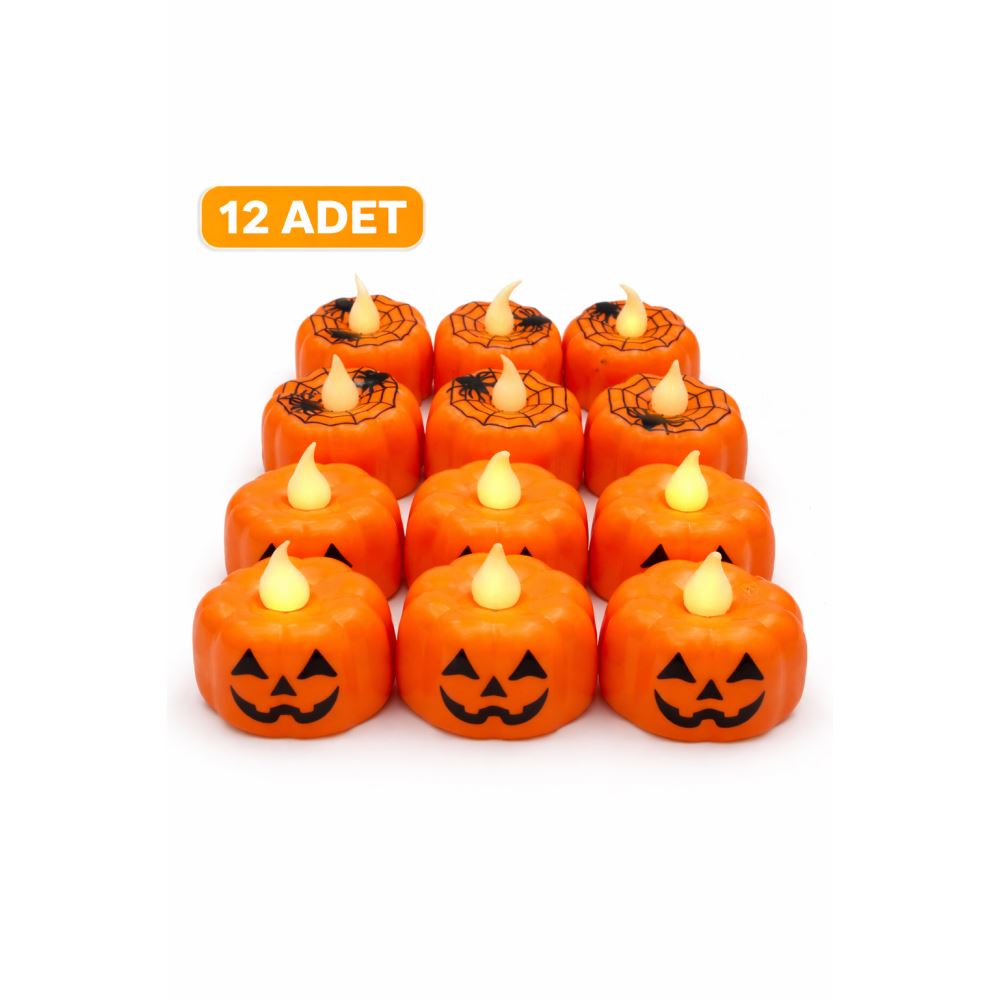 Parti Malzemesi 12 Adet LED Balkabağı Mum Işıklı Pilli Halloween Dekoratif Mum Seti