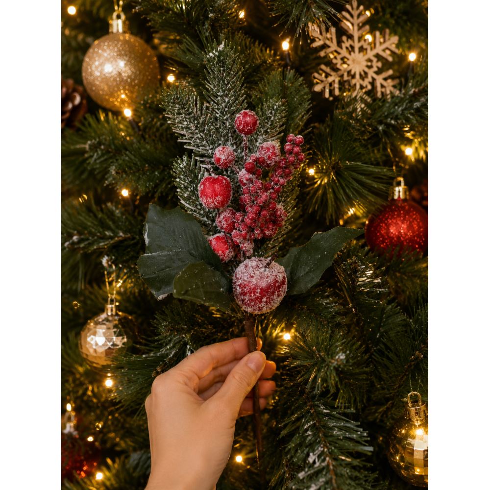 Yapay Kokina Dalı Karlı Kırmızı Meyveli Yılbaşı Dekor Çiçeği 30 cm Genişlik Noel Ağaç Süsü