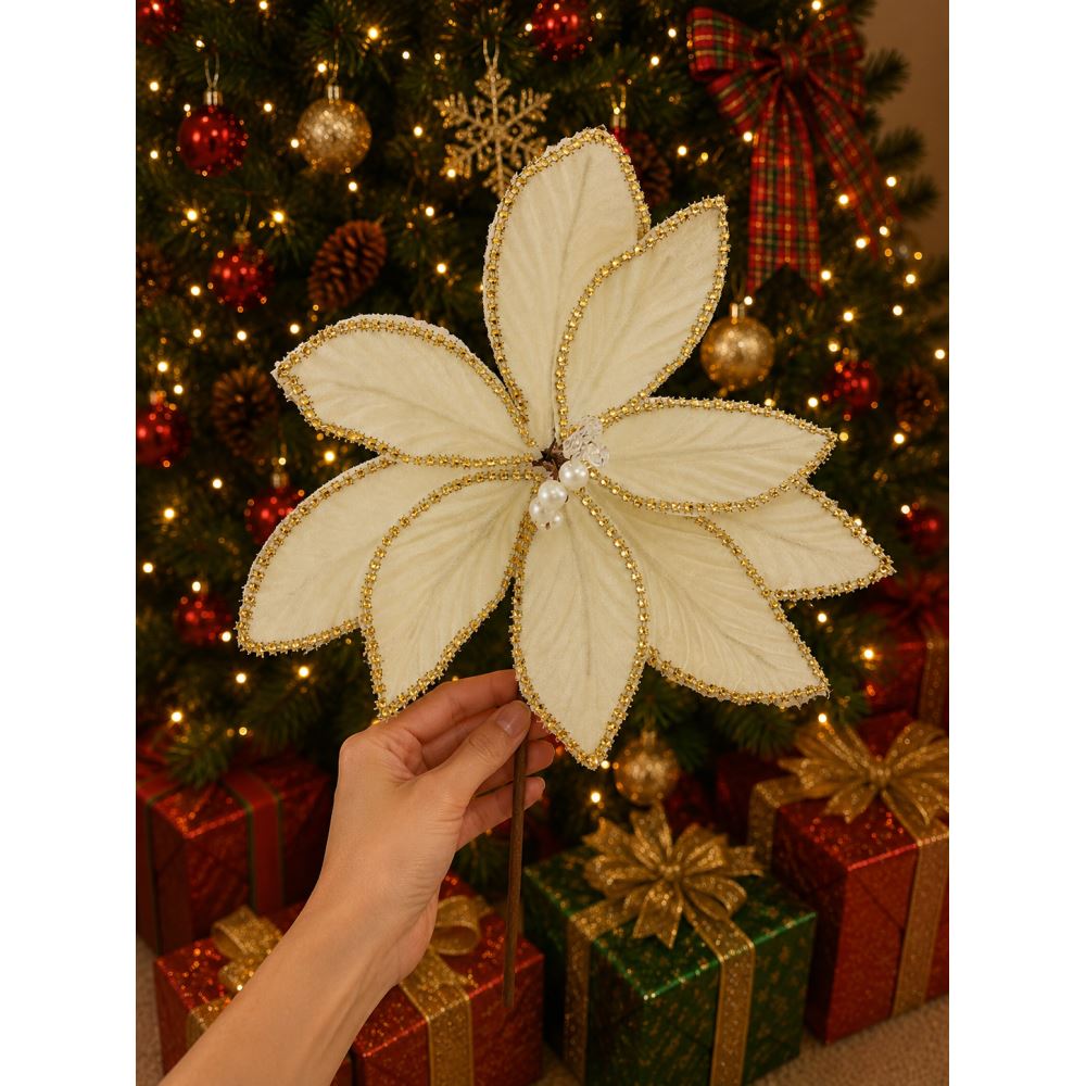 Çam Ağacı Süsü Altın Simli Dekoratif Ata Çiçek 30 Cm Uzun Saplı Noel Ağacı Dekoru 1 Adet Krem İncili
