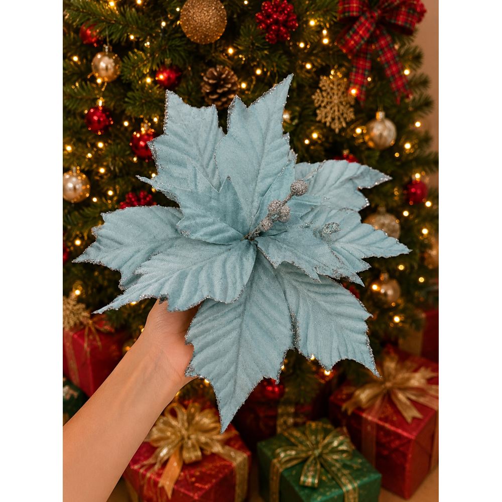 Yılbaşı Çam Ağacı Süsü Altın Simli Dekoratif Ata Çiçek 30 Cm Uzun Saplı Noel Ağacı Dekoru 1 Adet turkuaz