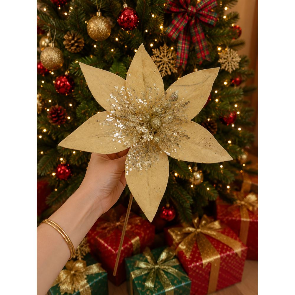 Yılbaşı Çam Ağacı Süsü Altın Simli Dekoratif Ata Çiçek 30 Cm Uzun Saplı Noel Ağacı Dekoru 1 Adet Bej