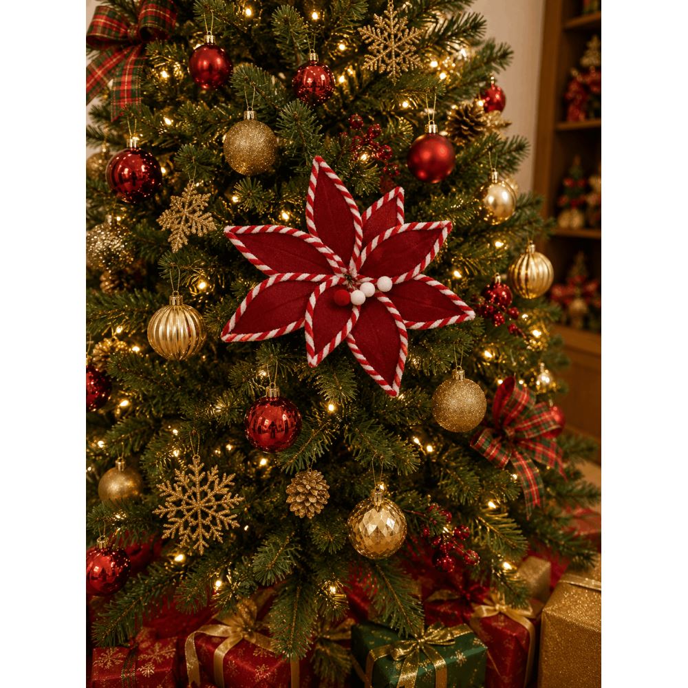 Yılbaşı Çam Ağacı Süsü Altın Simli Dekoratif Ata Çiçek 30 Cm Uzun Saplı Noel Ağacı Dekoru 1 Adet Kırmızı