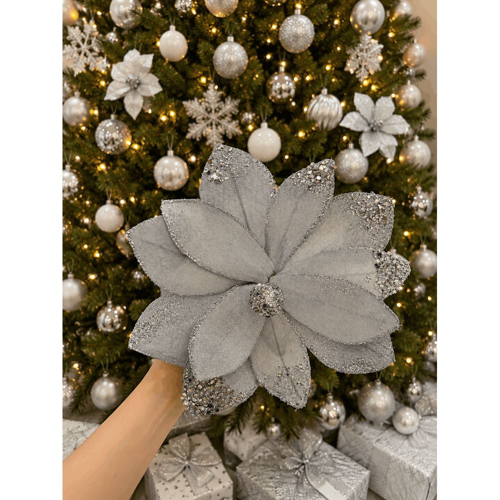 Yılbaşı Çam Ağacı Süsü Bordo Simli Kumaş Çiçek Dekoru Büyük Boy Noel Ağacı Süsü 1 Adet Gri