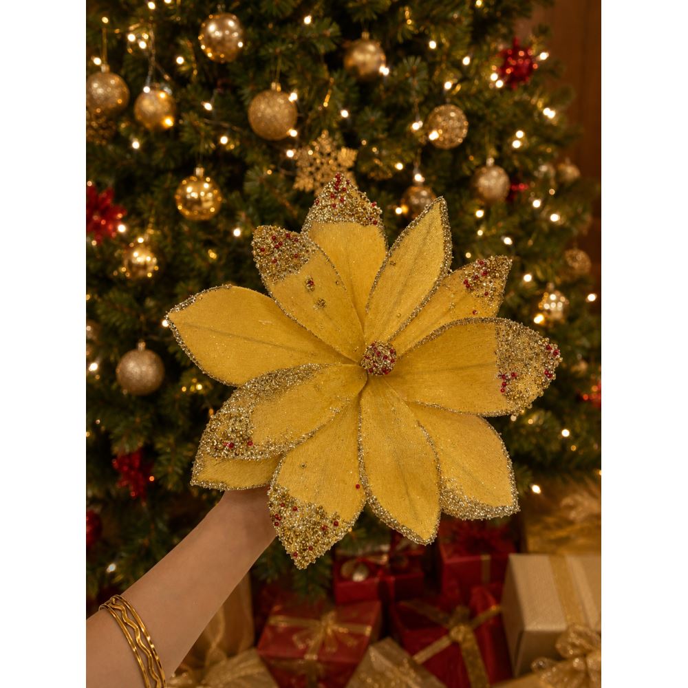 Yılbaşı Çam Ağacı Süsü Bordo Simli Kumaş Çiçek Dekoru Büyük Boy Noel Ağacı Süsü 1 Adet Sarı