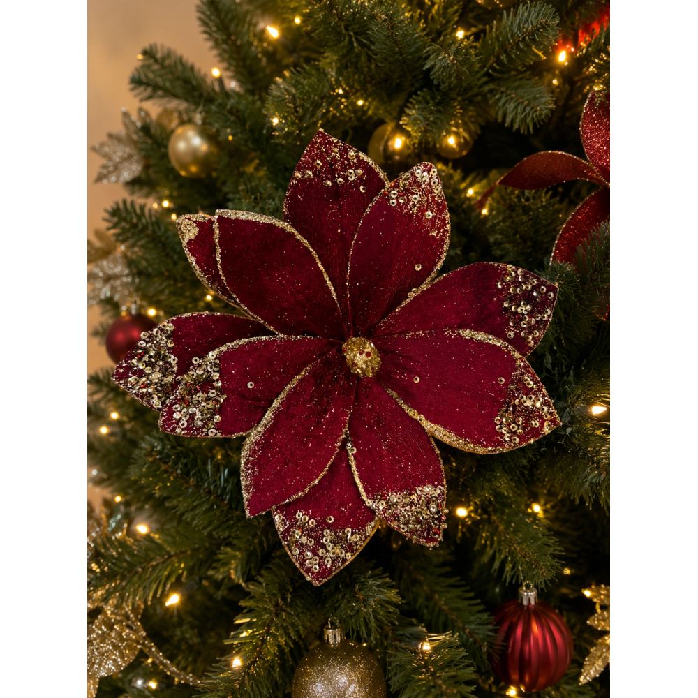 Yılbaşı Çam Ağacı Süsü Bordo Simli Kumaş Çiçek Dekoru Büyük Boy Noel Ağacı Süsü 1 Adet Bordo