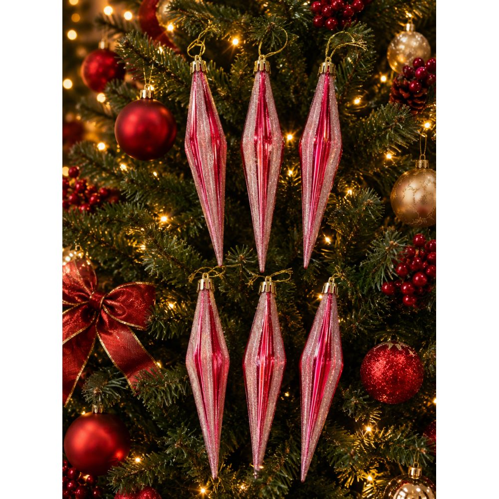 Yılbaşı Buz Sarkıt Süsü 6’lı Beyaz Simli Çam Ağacı Süsü Noel Ağacı Dekor Süsü Askılı Plastik Süs Kırmızı-Beyaz