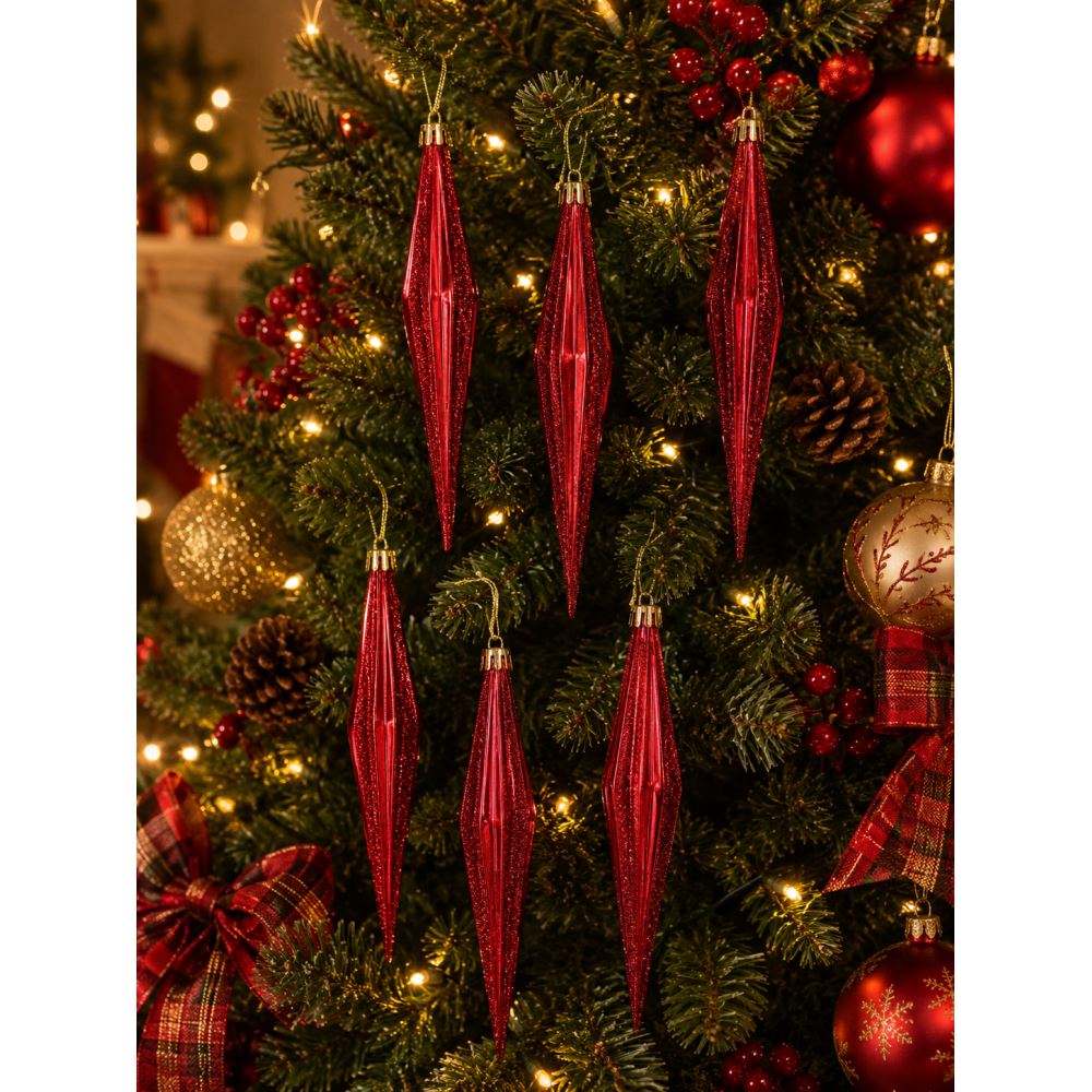 Yılbaşı Buz Sarkıt Süsü 6’lı Beyaz Simli Çam Ağacı Süsü Noel Ağacı Dekor Süsü Askılı Plastik Süs Bordo