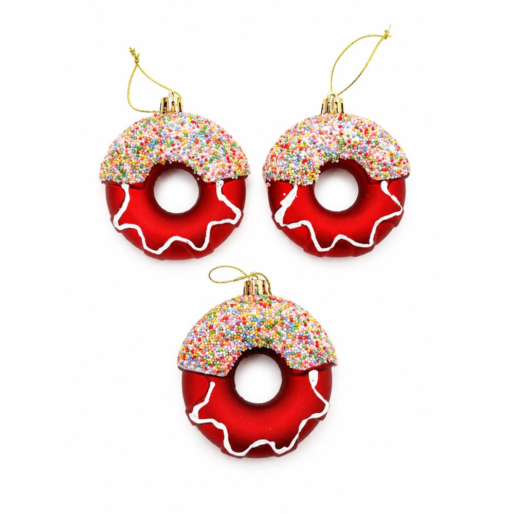 Yılbaşı Donut Süsü 3’lü Set Donut Figürlü Noel Çam Ağacı Süsü Dekorasyonu Kırmızı