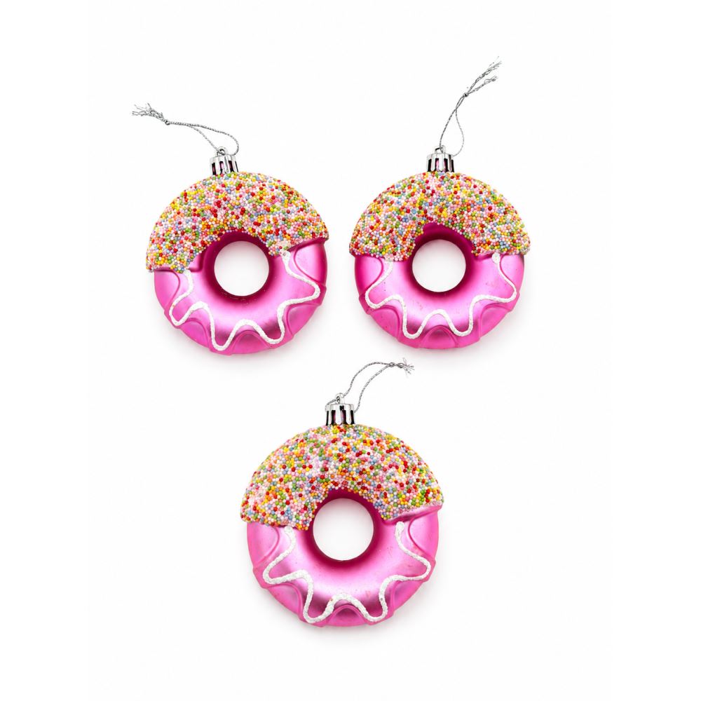 Yılbaşı Donut Süsü 3’lü Set Donut Figürlü Noel Çam Ağacı Süsü Dekorasyonu Pembe