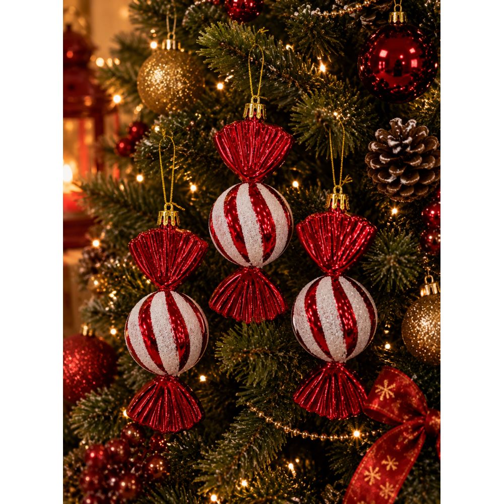 Yılbaşı Şeker Süsü 3’lü Set Kırmızı Beyaz Şekerleme Noel Çam Ağacı Süsü Dekorasyonu