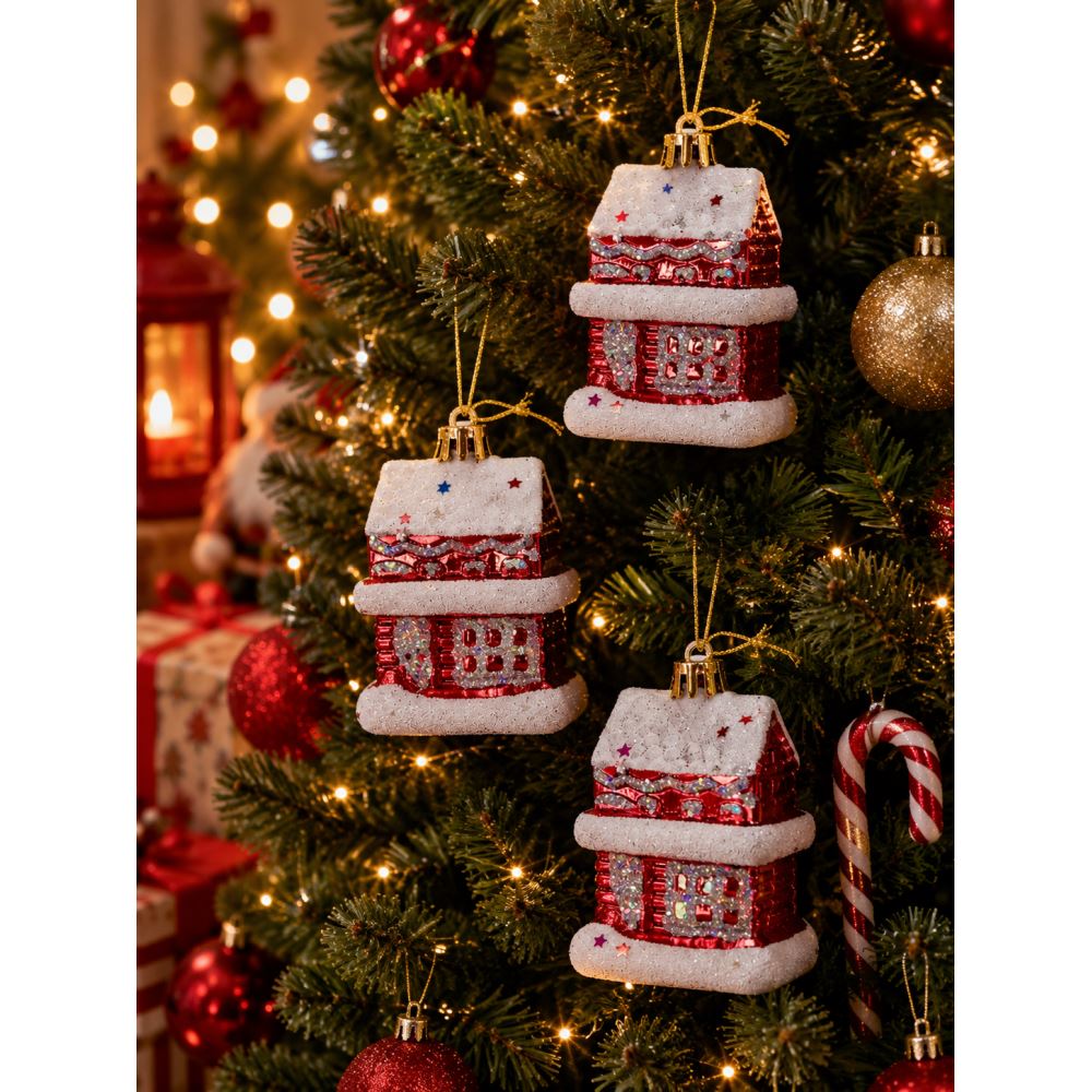 Yılbaşı Ev Süsü 3’lü Set Kırmızı Beyaz Ev Figürlü Çam Ağacı Noel Süsü Dekorasyonu