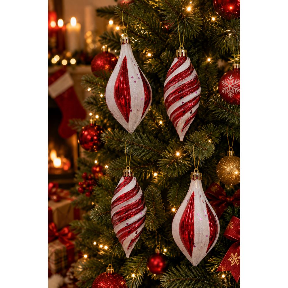 Yılbaşı Ağaç Süsü Kırmızı Beyaz Damla Top Süs 4’lü Set Noel Çam Ağacı Dekorasyonu