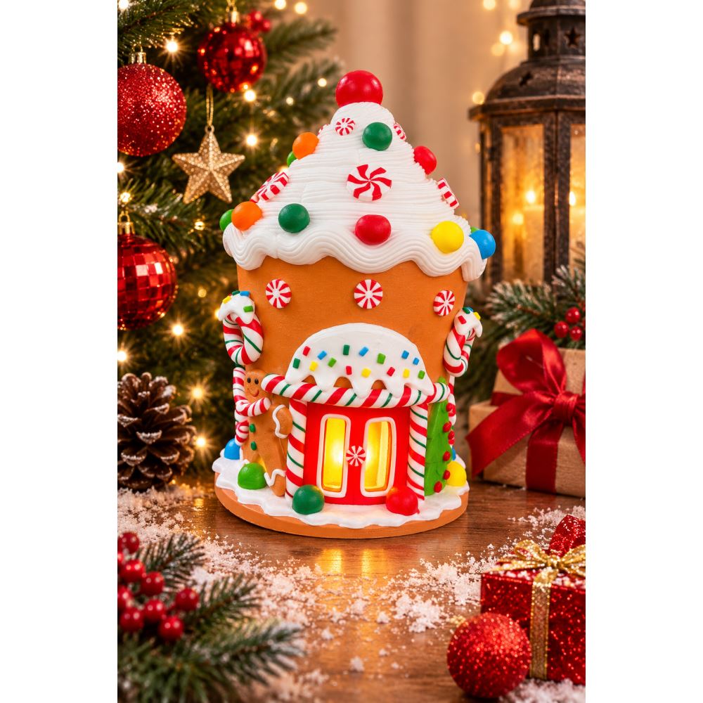 24 Cm Işıklı Gingerbread Yılbaşı Evi Dekoru LED Işıklı Noel Ev Süsü Masa Üstü Yılbaşı Dekorasyonu