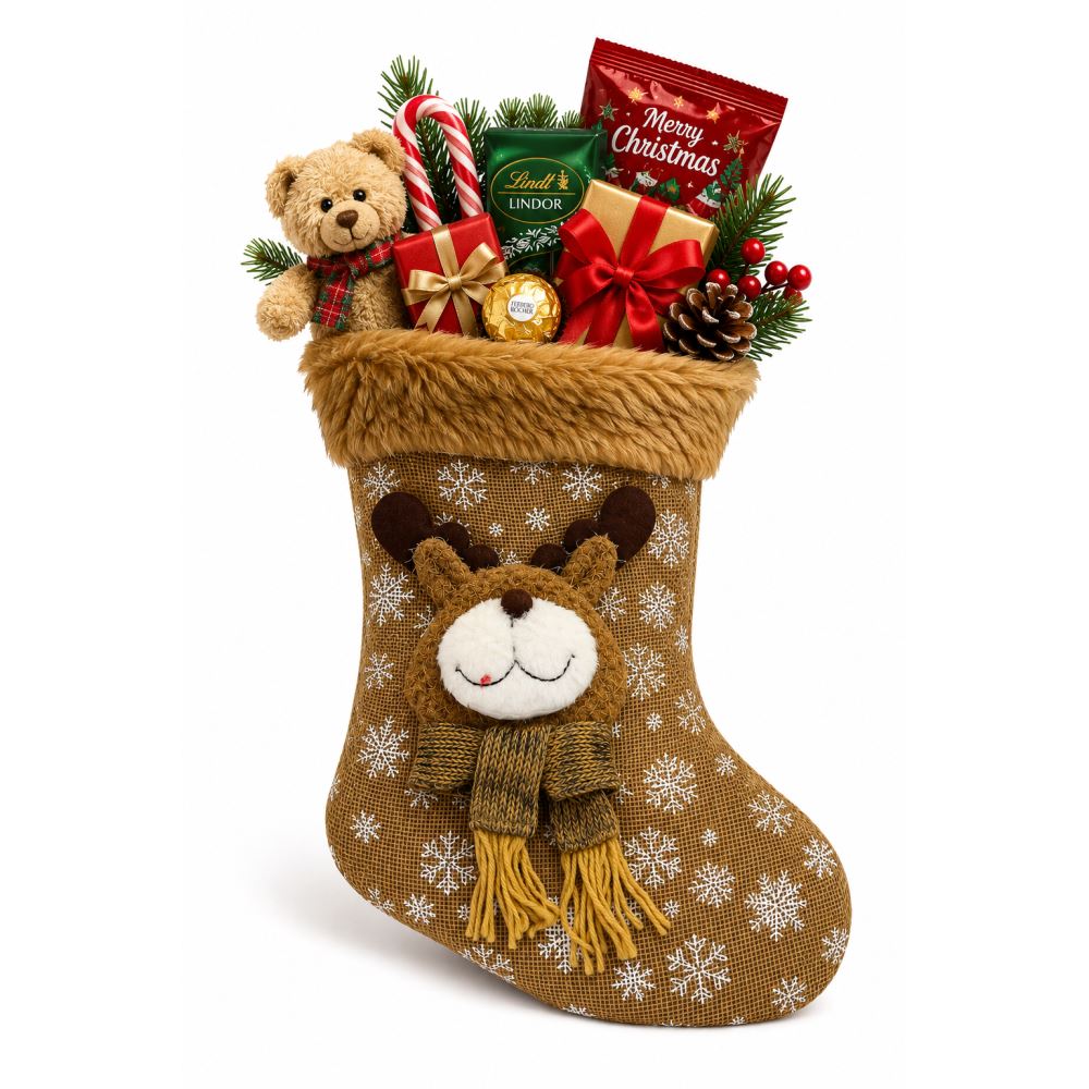42x27 cm Geyik Figürlü Yılbaşı Hediyelik Çorabı Peluş Ağızlı Noel Baba Hediye Çorabı Dekoratif Yılbaşı Süsü