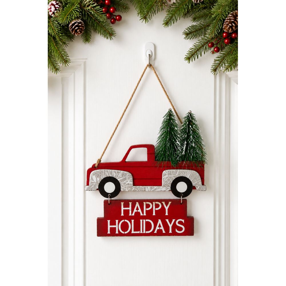 15 Cm Metal Yılbaşı Kapı Süsü Kırmızı Kamyon Happy Holidays Askılı Noel Kapı Dekoru