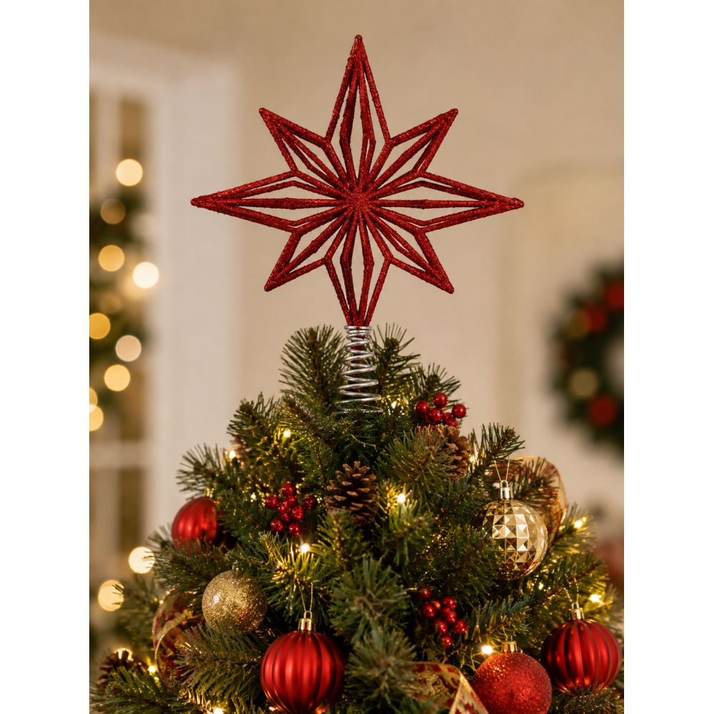 Yılbaşı Ağacı Tepe Yıldızı Simli 8 Köşeli Ağaç Tepe Süsü Dekoratif Christmas Star Topper Kırmızı
