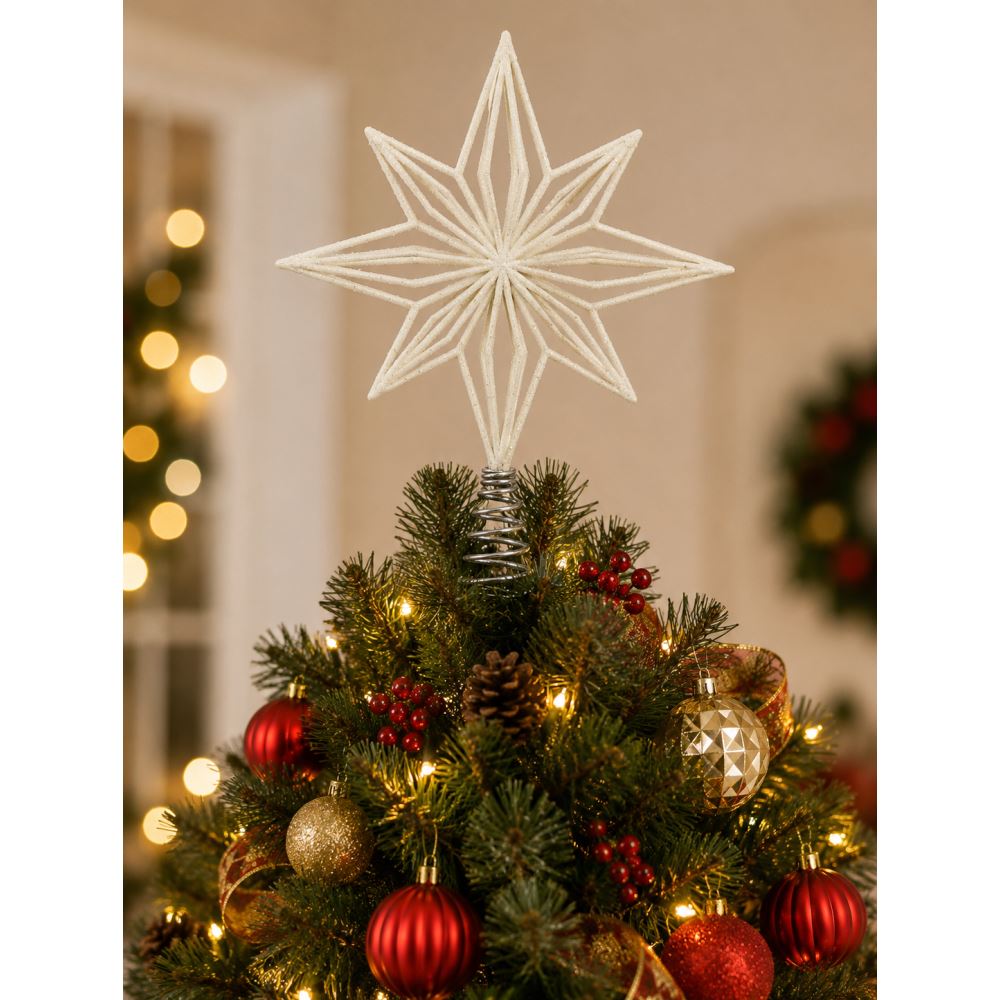 Yılbaşı Ağacı Tepe Yıldızı Simli 8 Köşeli Ağaç Tepe Süsü Dekoratif Christmas Star Topper Beyaz