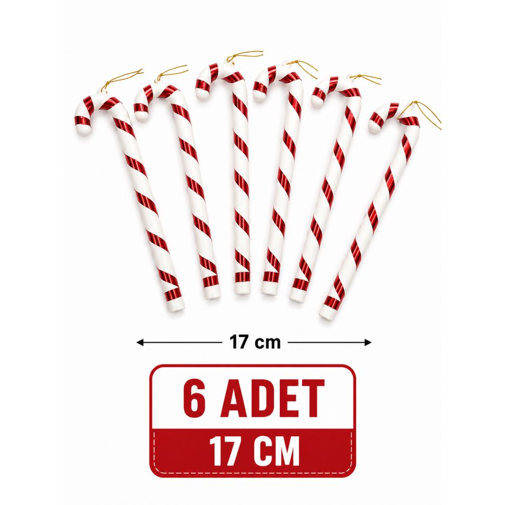 17 cm Kırmızı Şeritli Baston Yılbaşı Ağaç Süsü 6’lı Noel Çam Ağacı Asma Dekor Süsü