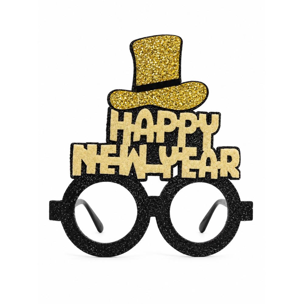 Parti Malzemesi Happy New Year Yılbaşı Parti Gözlüğü Camsız Simli Siyah Gold Yeni Yıl Eğlence Gözlüğü