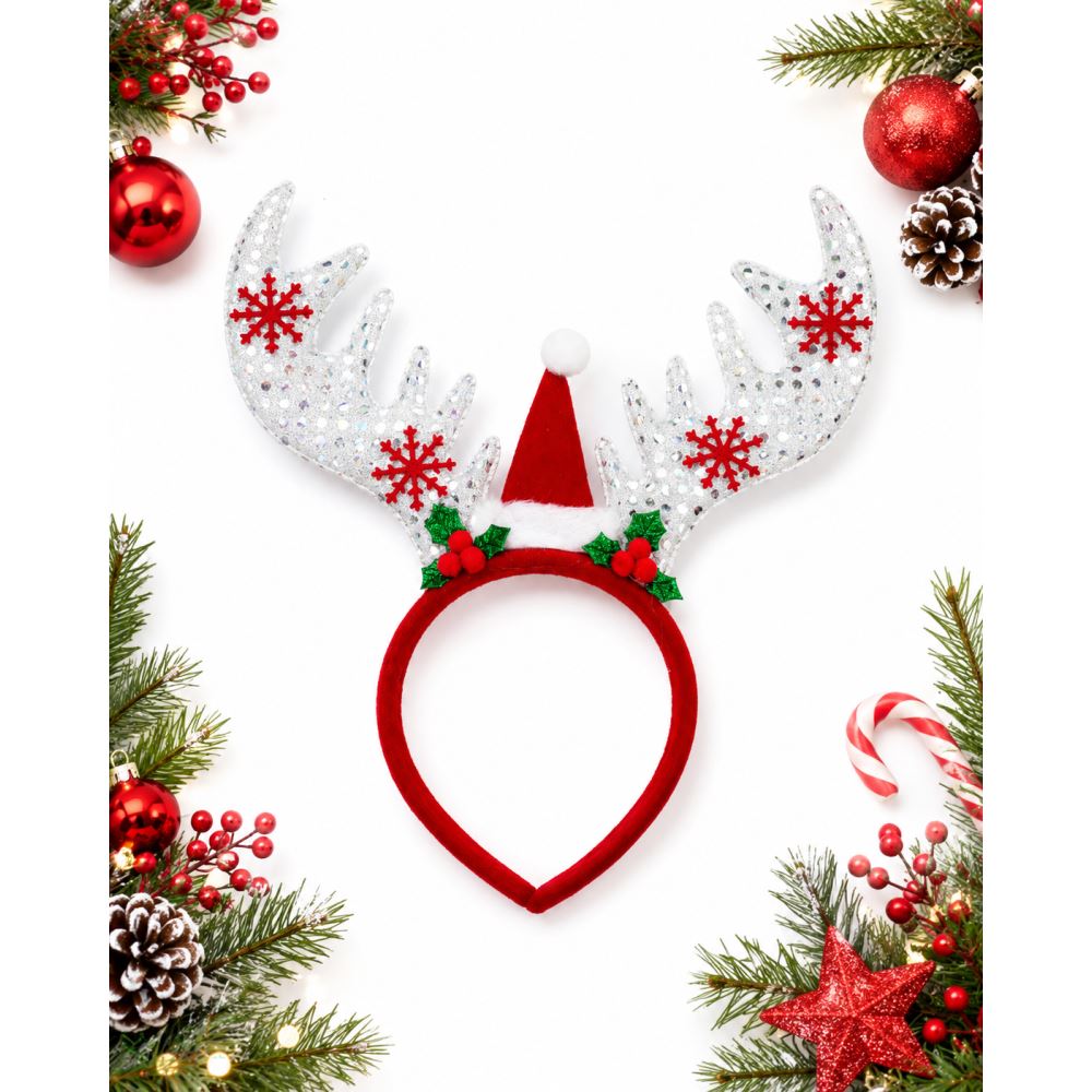 Yılbaşı Simli Geyik Boynuzlu Noel Tacı Peluş Parti Tacı Yetişkin ve Çocuk Uyumlu Gri